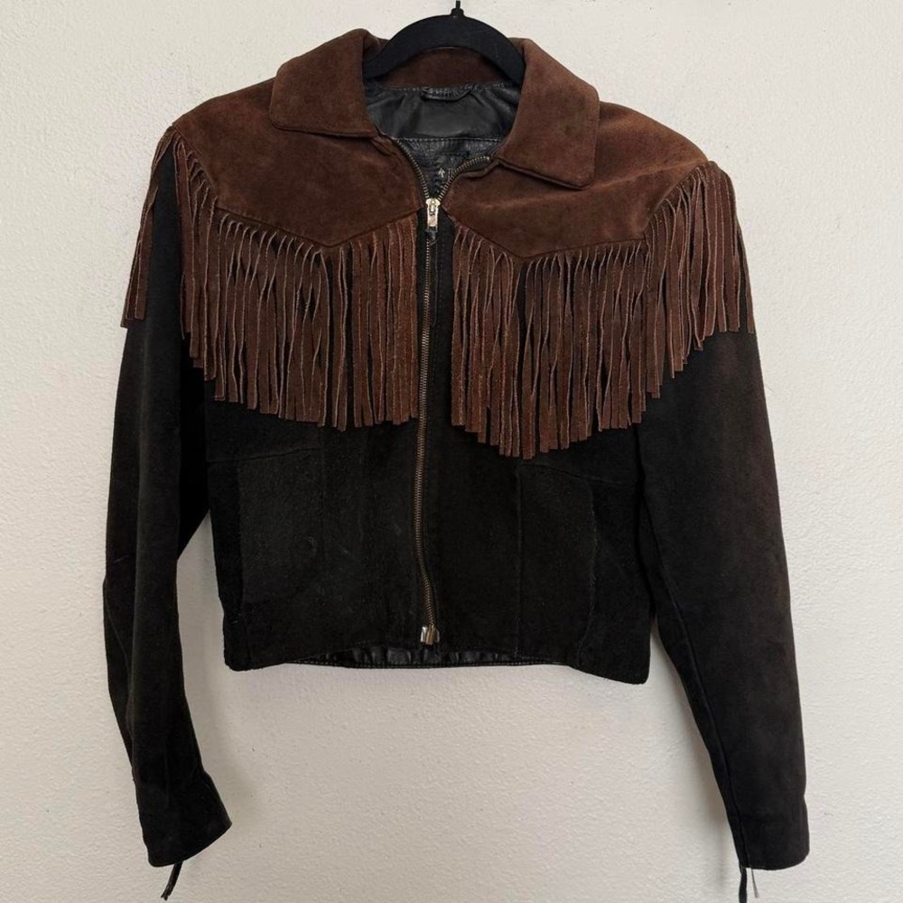 Vintage 70s Fringe Suede Leather Jacket Cropped Western Boho Brown Black - Picture 2 of 10